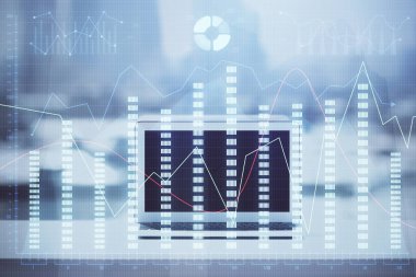 Eski pazar grafiği hologramı ve kişisel bilgisayar geçmişi. Çifte maruziyet. Yatırım kavramı.