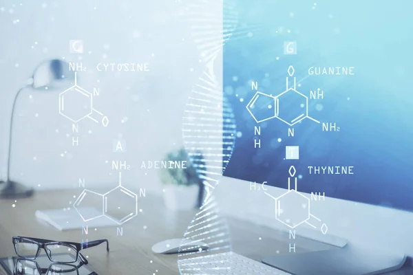 Skrivbordsdator bakgrund och DNA-ritning. Dubbel exponering. Vetenskapligt koncept. — Stockfoto