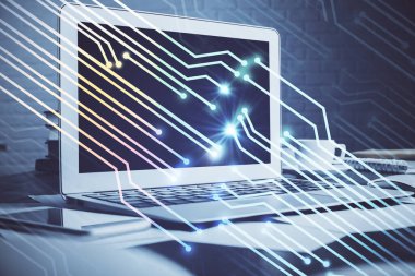 Bilgisayarın arka plan ve teknoloji temalı çizimlerine çoklu maruz kalma. Yenilik kavramı.