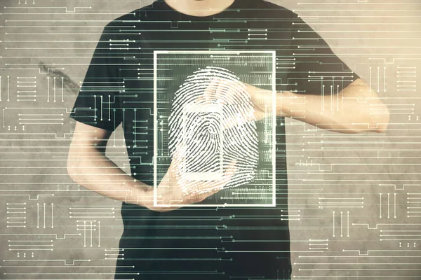 Doppelbelichtung der Hände, die ein digitales Gerät und eine Hologrammzeichnung mit Fingerabdruck halten und verwenden. Sicherheitskonzept. — Stockfoto