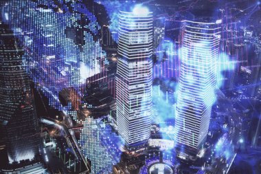 Yüksek binalar arka plan çok pozlama ile şehir scape mali grafik. Analiz kavramı.