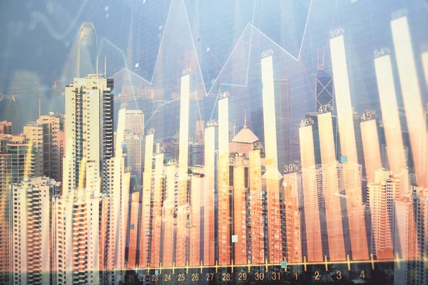 具有摩天大楼壁纸双重曝光的城市景观示意图。金融研究概念. — 图库照片