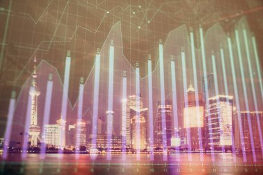 Yüksek binalar arka plan çift pozlama ile gece şehir scape mali grafik. Analiz kavramı.