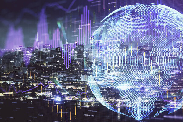 Financial graph on night city scape with tall buildings background double exposure. Analysis concept.