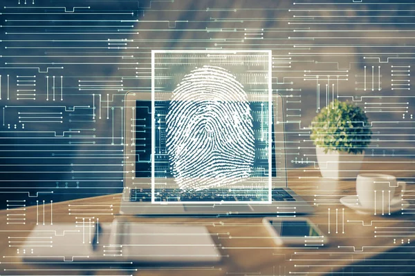 办公室台式机上有指纹图.加倍暴露。商业数据安全的概念. — 图库照片