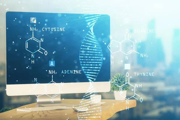 Desktop computer achtergrond en DNA tekening. Dubbele belichting. Wetenschapsconcept. — Stockfoto