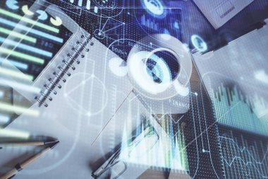 Çalışma masasının üzerine teknoloji teması çizimi çifte pozlama. Üst Manzara. Küresel veri analiz kavramı.