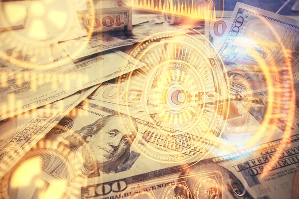 Doppelbelichtung von Tech-Thema Zeichnung über US-Dollar-Schein Hintergrund. Konzept der Technologie. — Stockfoto