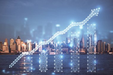 Yüksek binaların arka planında çoklu pozlama olan eski şehir haritası. Finansal araştırma kavramı.