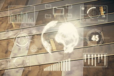 Yüksek binaların arka planında çoklu pozlama olan eski şehir haritası. Finansal araştırma kavramı.