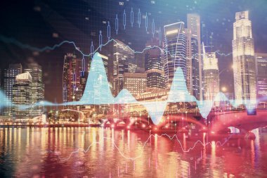 Yüksek binalar arka plan çok pozlama ile şehir scape mali grafik. Analiz kavramı.