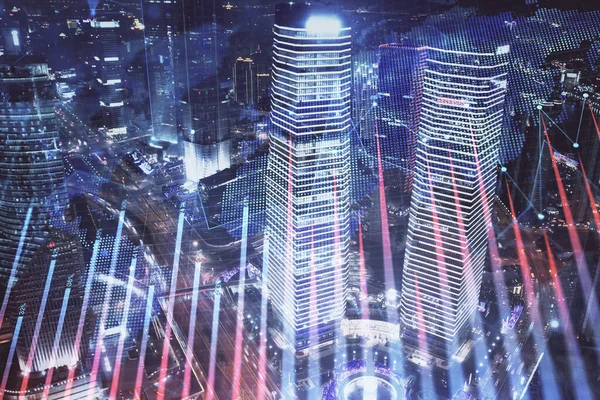 Financiële grafiek op de stad scape met hoge gebouwen achtergrond multi exposure. Analyse concept. — Stockfoto