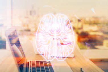 Bilgisayar ve insan beyin hologramıyla çalışma alanının çoklu açığı. Beyin fırtınası konsepti.