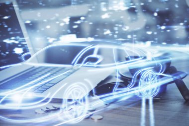Otomobil hologramı çizimi olan masaüstü bilgisayar arkaplanı. Çoklu maruz kalma. Teknoloji kavramı.