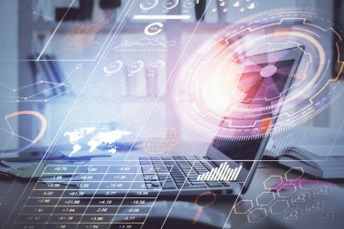 Bilgisayar ve teknoloji temalı çizimlere çifte maruz kalma. Yenilik kavramı.