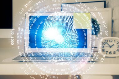 Ofisteki bilgisayarın parmak izi çizimi. Çifte maruziyet. İş veri güvenliği kavramı.