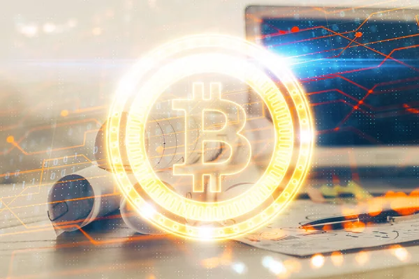 Dupla expozíció blockchain és crypto economy téma hologram és táblázat számítógépes háttérrel. A bitcoin cryptocurrency fogalma. — Stock Fotó