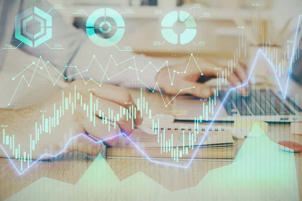 Multi exposure of financial graph with man works in office on background. Concept of analysis.