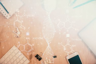 Telefonunla masanın üzerine DNA çizimi yapılmış. Üst Manzara. Bilim eğitimi kavramı.