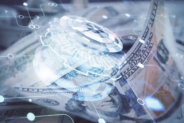 Double exposure of data theme drawing over us dollars bill background. Technology concept. — Stock Photo, Image