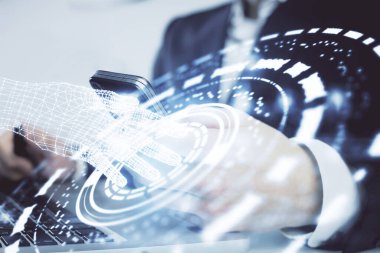 Erkeklerin el ele tutuşmaları ve dijital bir cihaz ve veri temalı çizimler kullanmaları. Yenilik kavramı.