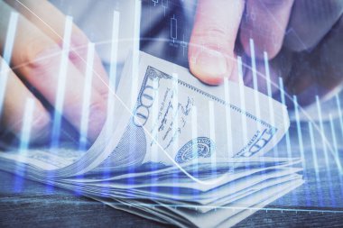 Forx grafiği, hologram, Amerikan dolarları ve insan eli çizimleri. Teknik Analiz kavramı.
