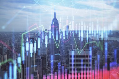 Gökdelenler arka planda çift pozlama ile şehir görünümünde eski grafik. Mali analiz kavramı.