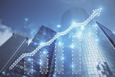 Gökdelenler, duvar kağıtları ve çoklu pozlama ile şehir manzarasının eski çizelgesi. Finansal araştırma kavramı.