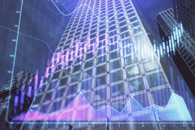 Yüksek binaların arka planında çoklu pozlama olan eski şehir haritası. Finansal araştırma kavramı.