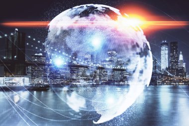 İş temalı hologram çizimine ve şehrin arka planına çifte maruz kalma. Başarı kavramı.