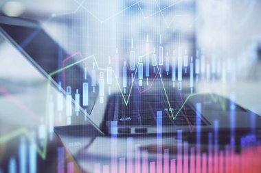 Bilgisayar geçmişi olan eski grafik hologramı. Çifte maruziyet. Finans piyasası kavramı.