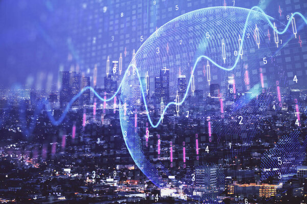 Financial graph on night city scape with tall buildings background double exposure. Analysis concept.