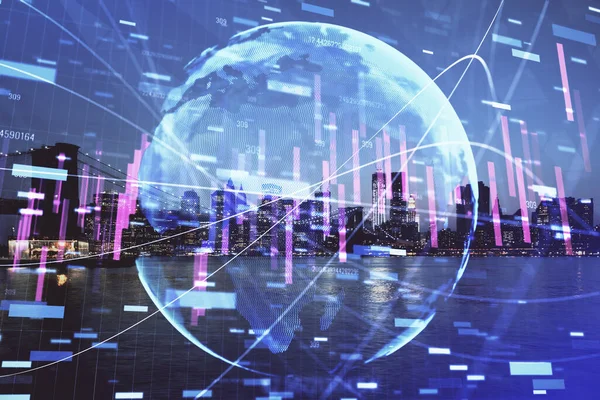 Gráfico financiero sobre paisaje nocturno de la ciudad con altos edificios de doble exposición de fondo. Concepto de análisis . —  Fotos de Stock