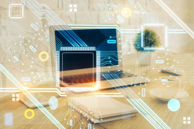 Dizüstü bilgisayar ve teknoloji temalı holograma çifte maruz kalma. Serbest çalışma kavramı.