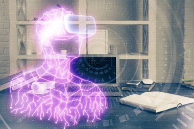 AR tema simgesi olan bilgisayar masaüstünde. Çoklu maruz kalma. Artırılmış gerçeklik kavramı.