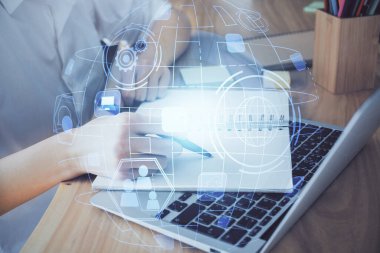 Kadınların el yazısı üzerine sosyal ağ temalı hologram. Uluslararası insanlar birbirine bağlanır. Çift pozlama