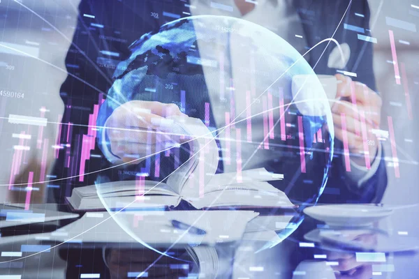 Double exposure of businessman with coffee with stock market forex chart. — Stock Photo, Image