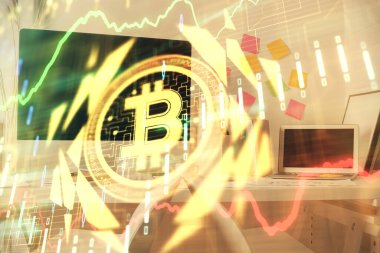 Kripto teknolojisi temalı çizim ve ofis içi arka planına çifte maruz kalma. Engelleme zinciri kavramı.