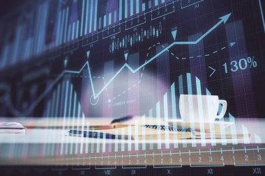Önx grafik çizimi ve masaüstü ile kahve ve masa arkasındaki öğelerin çoklu pozlandırılması. Finansal piyasa ticareti kavramı
