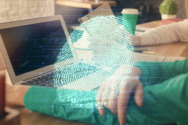 Birlikte çalışan kadın ve erkeğin parmak izi hologram çizimine iki kez maruz kalmışlar. Güvenlik kavramı. Bilgisayar arkaplanı.