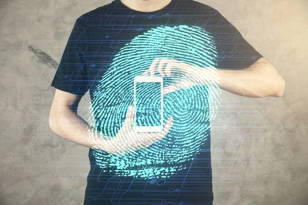 Doppia esposizione delle mani dell'uomo che tengono ed usando un disegno digitale dell'ologramma del dispositivo e delle impronte digitali. Concetto di sicurezza . — Foto Stock