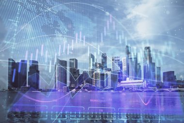 Yüksek binaların arka planında çoklu pozlama olan eski şehir haritası. Finansal araştırma kavramı.