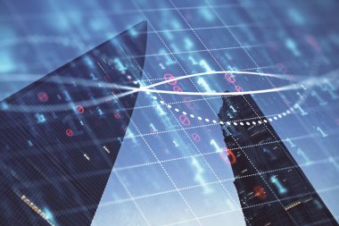 Yüksek binaların arka planında çoklu pozlama olan eski şehir haritası. Finansal araştırma kavramı.