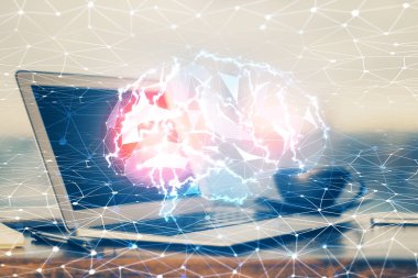 Bilgisayar ve insan beyin hologramıyla çalışma alanının çoklu açığı. Beyin fırtınası konsepti.