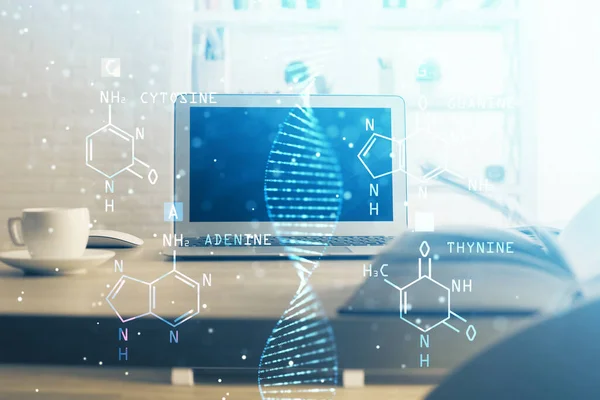 데스크톱 컴퓨터 배경과 DNA 그 리기입니다. 두 번 노출. 과학 개념. — 스톡 사진