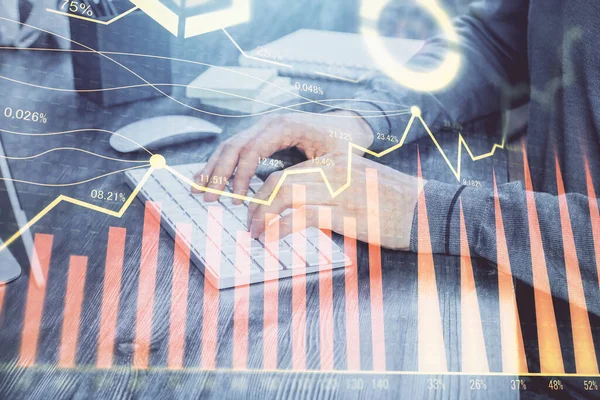 Multi exposure of financial graph with man works in office on background. Concept of analysis. — Stock Photo, Image