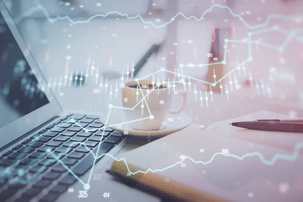 Doppelbelichtung von Finanzdiagramm-Zeichnung und Desktop mit Kaffee und Gegenständen auf Tischhintergrund. Konzept des Devisenmarkthandels — Stockfoto