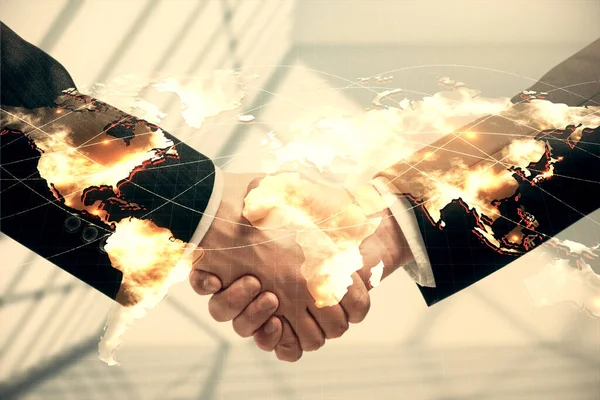 Double exposure of business theme hologram and handshake of two men. Success concept. — Stock Photo, Image