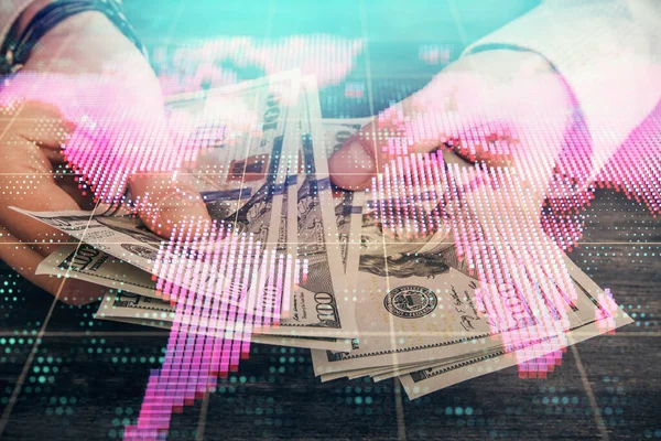 Multi exposición de tema financiero dibujo holograma y EE.UU. billetes de dólares y las manos del hombre. Concepto empresarial. —  Fotos de Stock