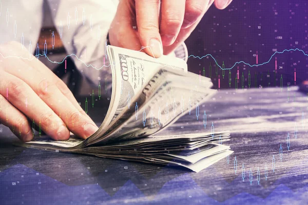 Multi blootstelling van forex grafiek tekenen hologram en Amerikaanse dollars biljetten en man handen. Technisch analyseconcept. — Stockfoto